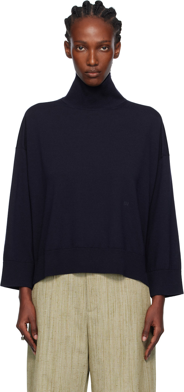 BOTTEGA VENETA カシミヤ シルク ニット ダークネイビー 52 Bottega Veneta: Navy Classic Wool Turtleneck | SSENSE