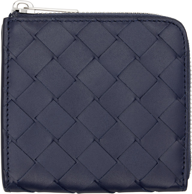 Bottega Veneta: Navy Intrecciato Square Zip Around Wallet | SSENSE