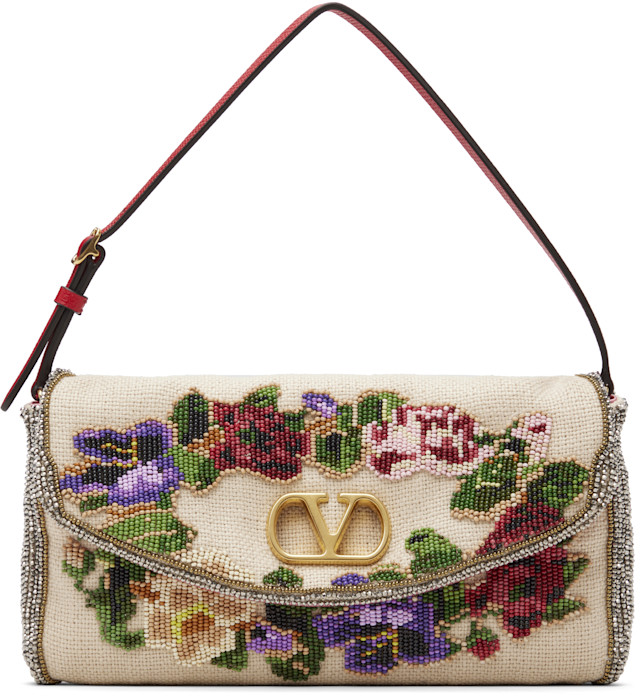 VALENTINO GARAVANI ビーズバッグ 2点セット 花柄 Valentino Garavani: Beige Beaded Floral Bag | SSENSE Canada