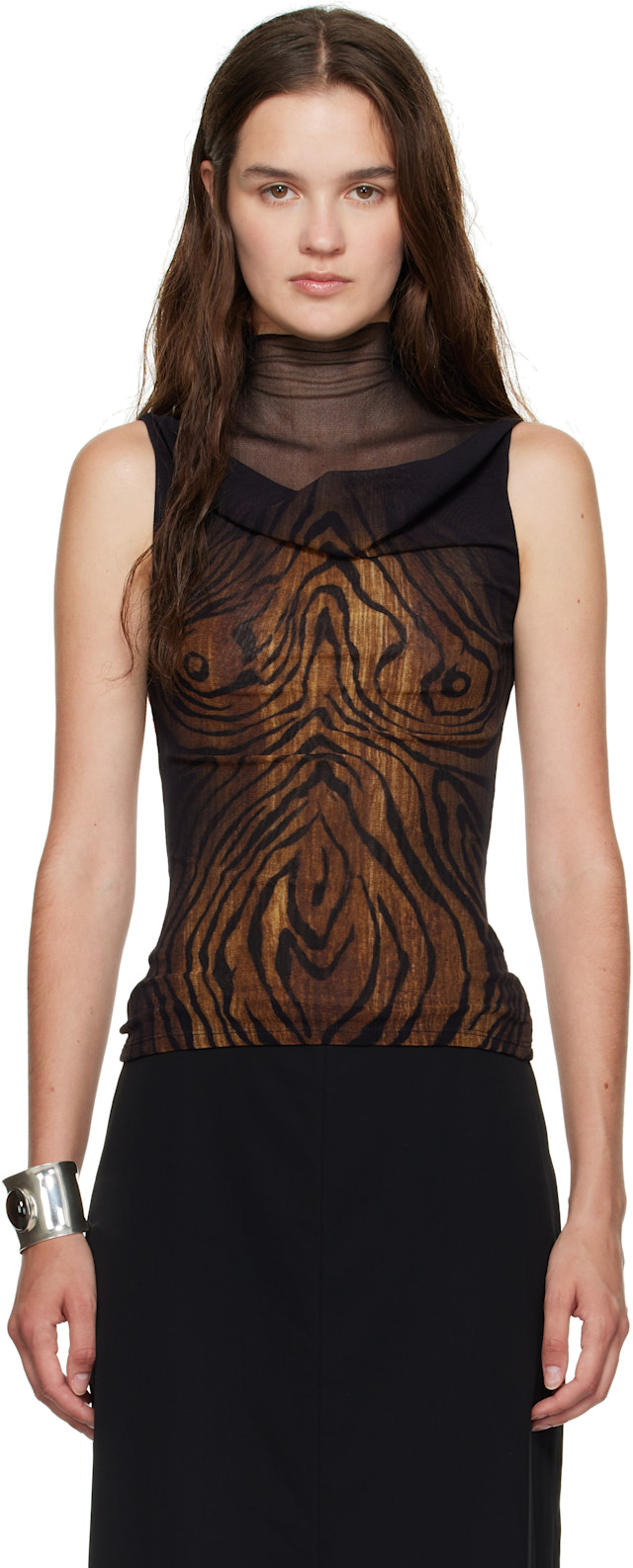 Jean Paul Gaultier ブラック タンクトップ Jean Paul Gaultier: Black & Brown Double Layered Printed Wood Tank