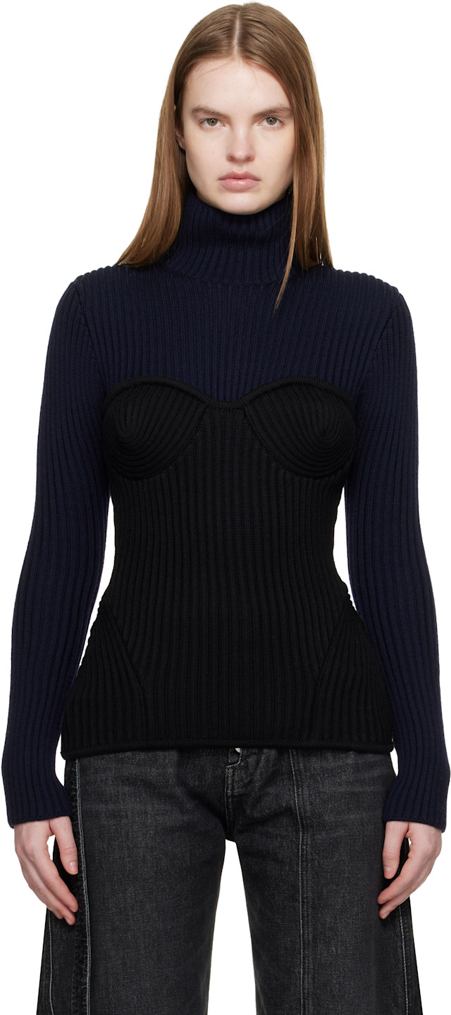 Jean Paul Gaultier: Navy & Black Stretch Merino Wool Ribbed