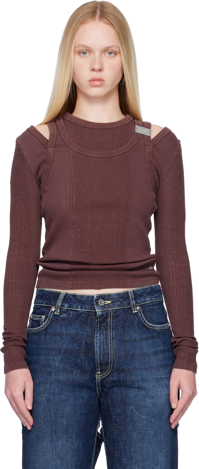 Jean Paul gaultier bust cutout トップス Jean Paul Gaultier: Burgundy Rib Cutout Fastener Top | SSENSE