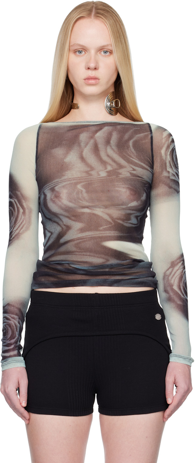Jean Paul Gaultier: ブラック＆グレー 'The Blurry Roses' トップス