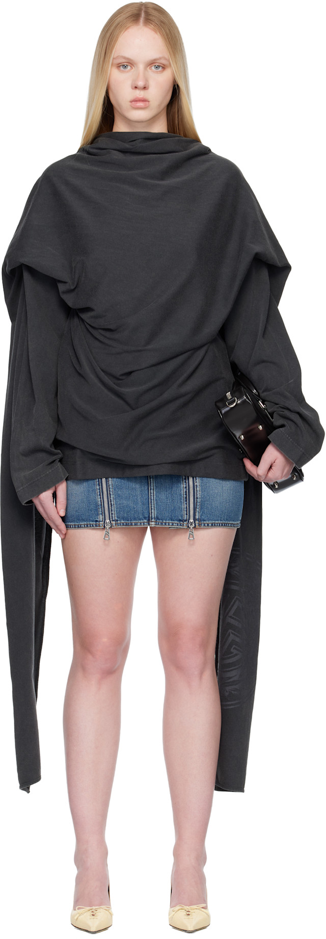 Jean Paul Gaultier: Black Integrated Scarf Laurier Stamp T-Shirt