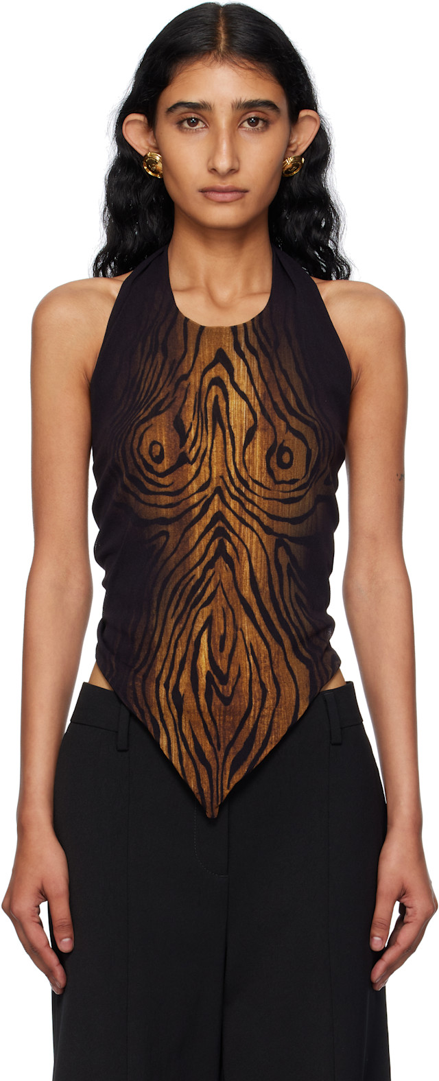Jean Paul Gaultier: Black & Brown Scarf Printed Wood Top | SSENSE