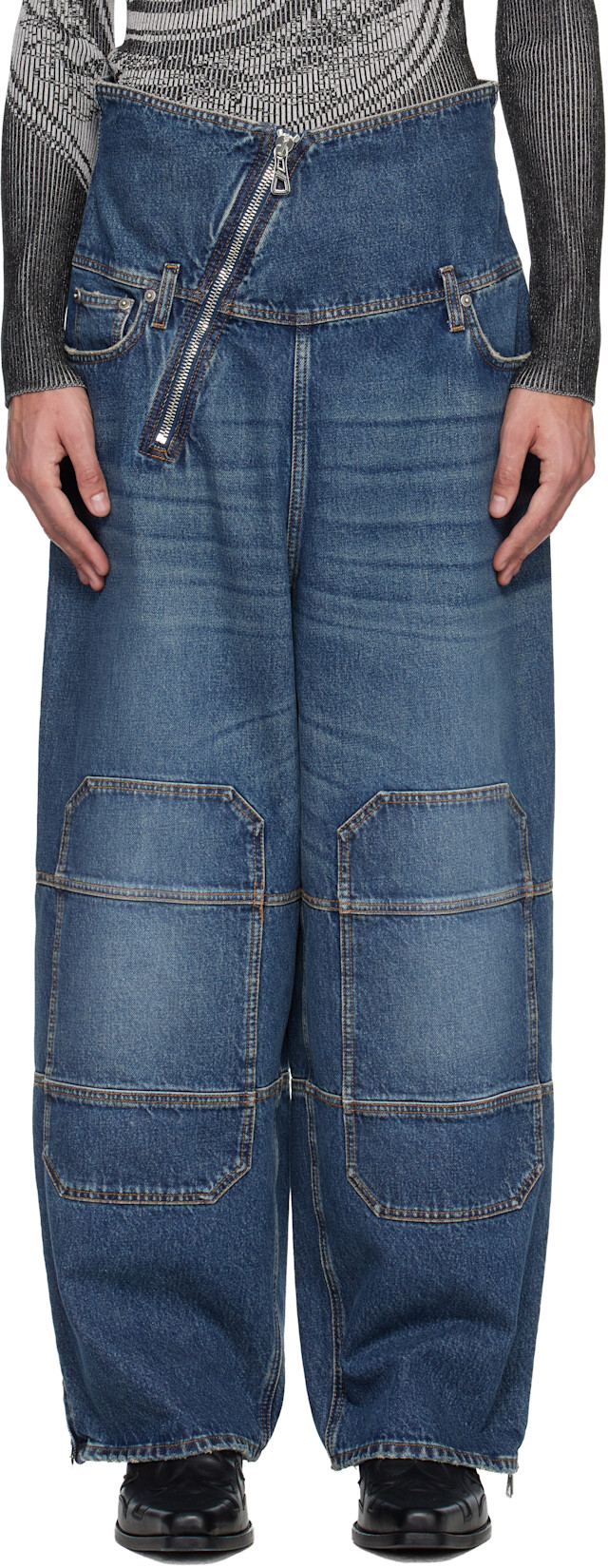 Jean Paul Gaultier　ストレッチデニム サルエル イージーパンツ Jean Paul Gaultier: Blue Zipped Patch Jeans | SSENSE