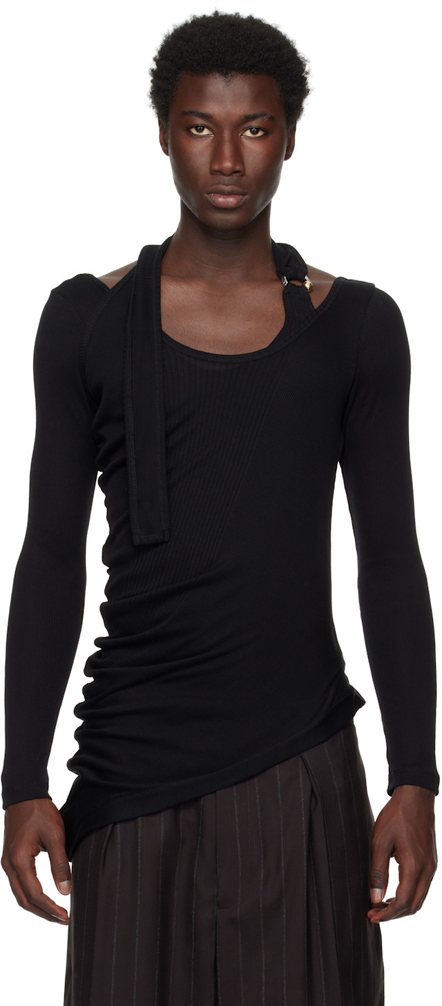 Jean Paul Gaultier: Black Ribbed Twisted Double Layer Piercing T