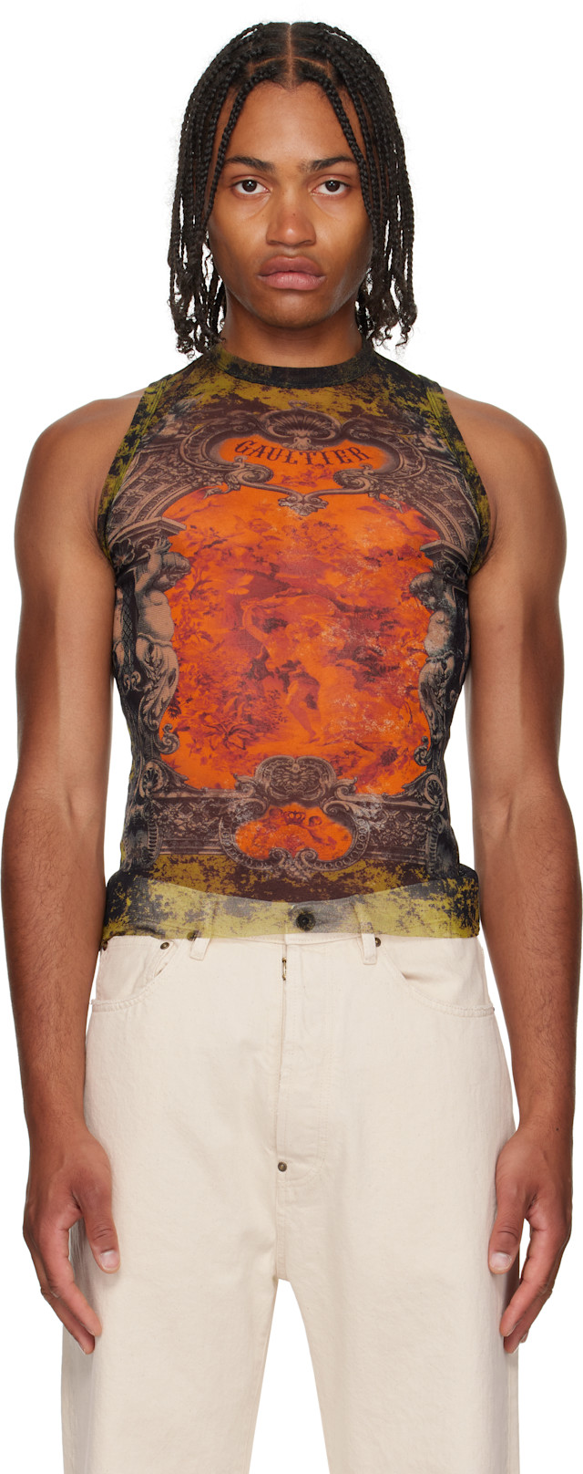 Jean Paul Gaultier: Khaki & Orange 'The Médaillon' Tank Top | SSENSE
