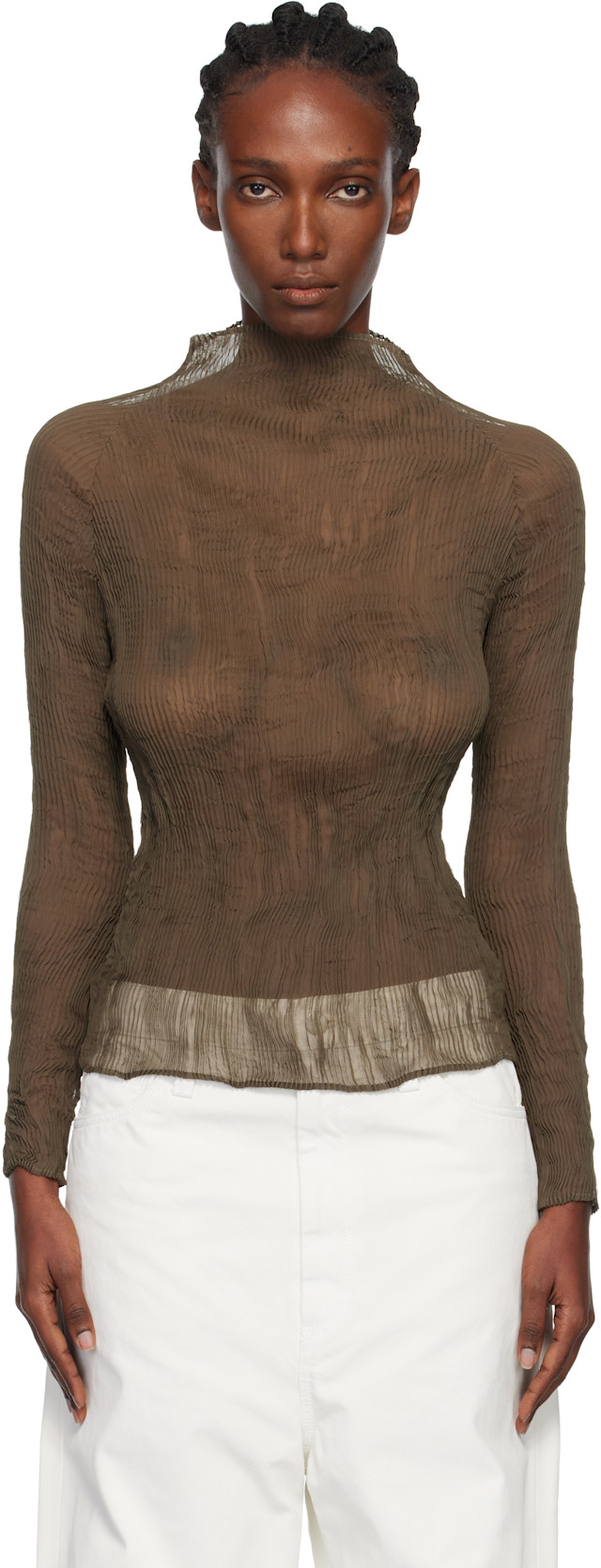 ISSEY MIYAKE: Khaki Chiffon Twist Top | SSENSE