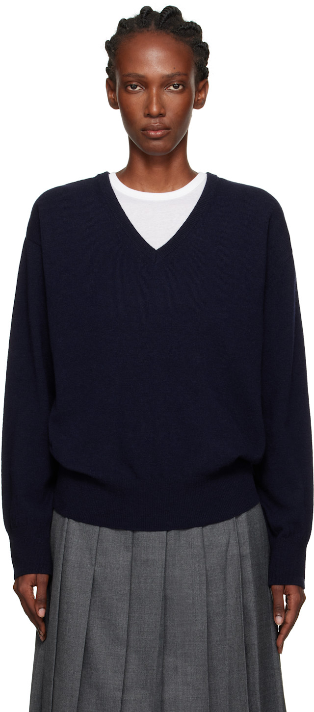 ニット+セーター PONTI V NECK DOCKING P/O KNIT Nothing Written: Navy Puno V-Neck Pullover Sweater | SSENSE
