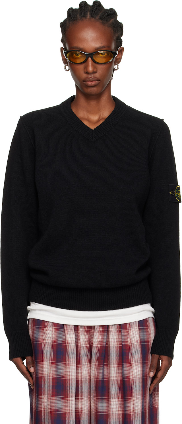 STONE  Vネックセーター Stone Island: ブラック 5100033 Jersey Lambswool Vネックセーター