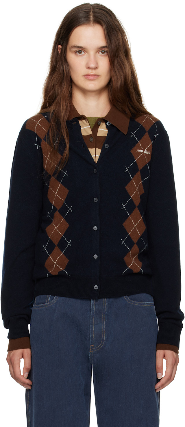 Miu Miu: Navy Cashmere Argyle Cardigan | SSENSE Canada