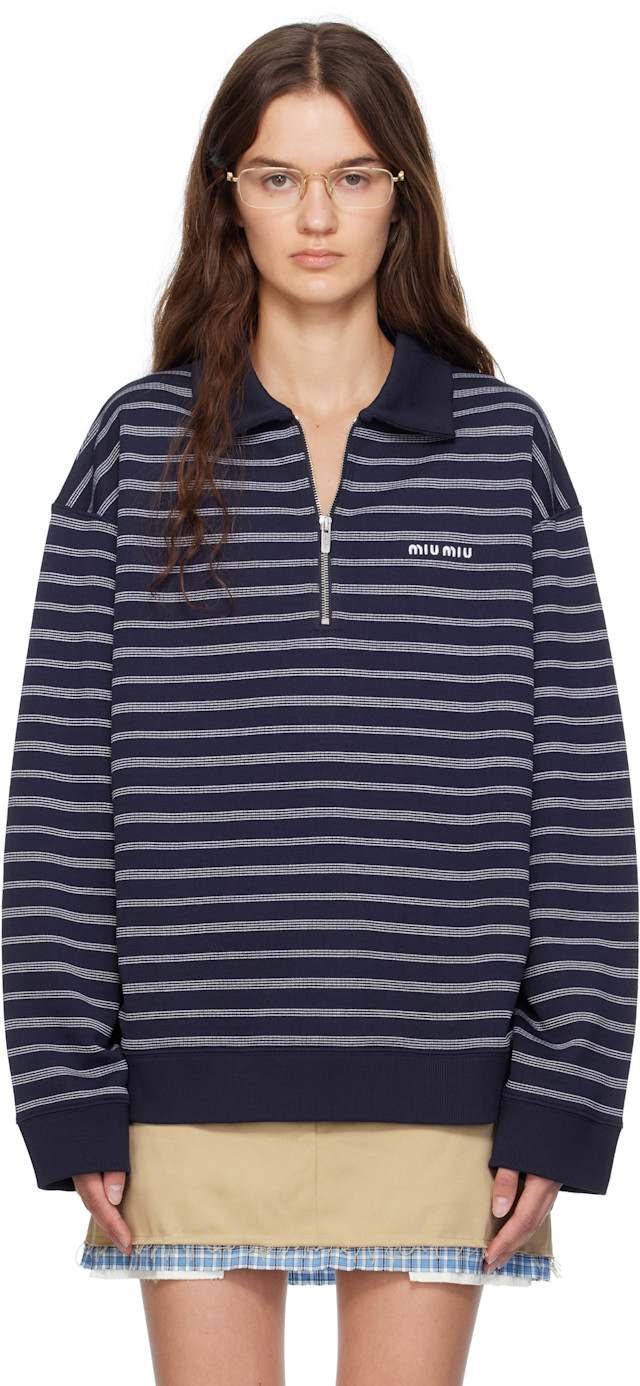 トップス miimol Miu Miu: Navy Striped Zipper Polo | SSENSE Canada
