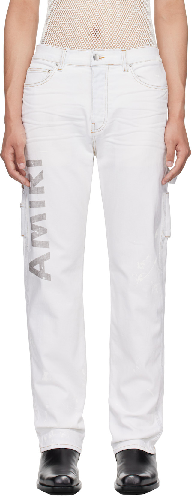 AMIRI: Blue Army Logo Painted Slim Workman Jeans | SSENSE