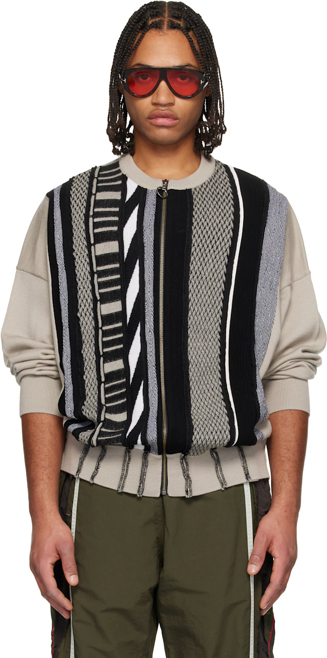 Martine Rose: Beige & Black Multi Stripe Zip Up Crew Sweater | SSENSE