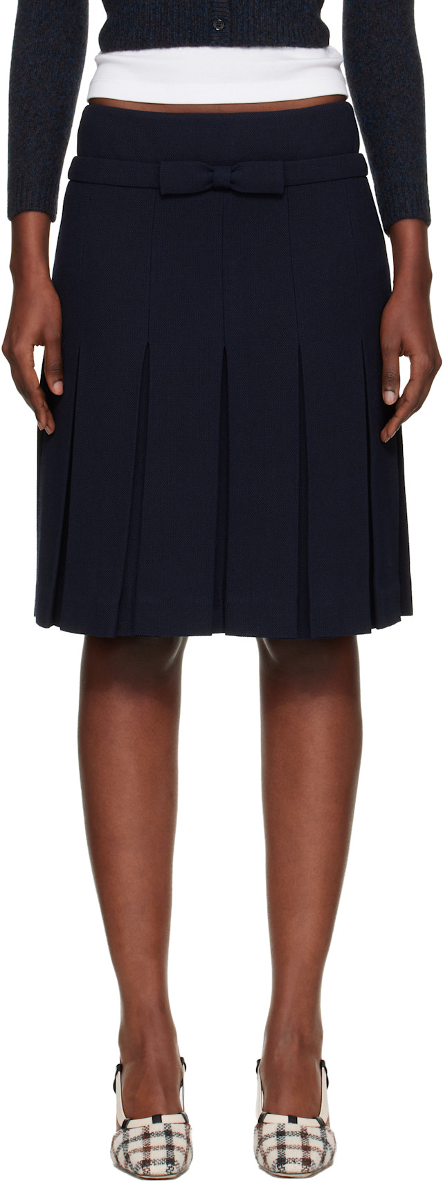 SHUSHU/TONG: Navy Bow Waist Pleated Midi Skirt | SSENSE Italy