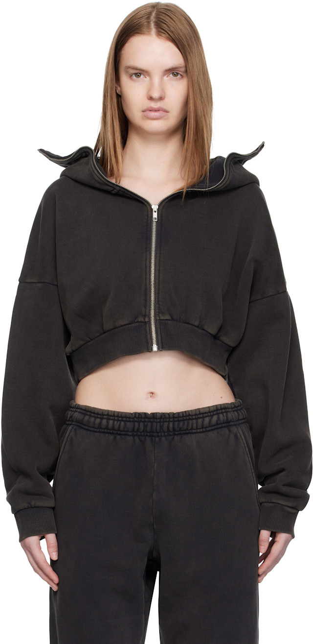 トップス entire studios Cropped full zip hoodie Entire Studios: Black Cropped Full Zip Hoodie | SSENSE