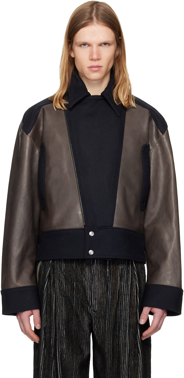 Kiko Kostadinov: Gray & Navy Orvos Hybrid Leather Jacket | SSENSE