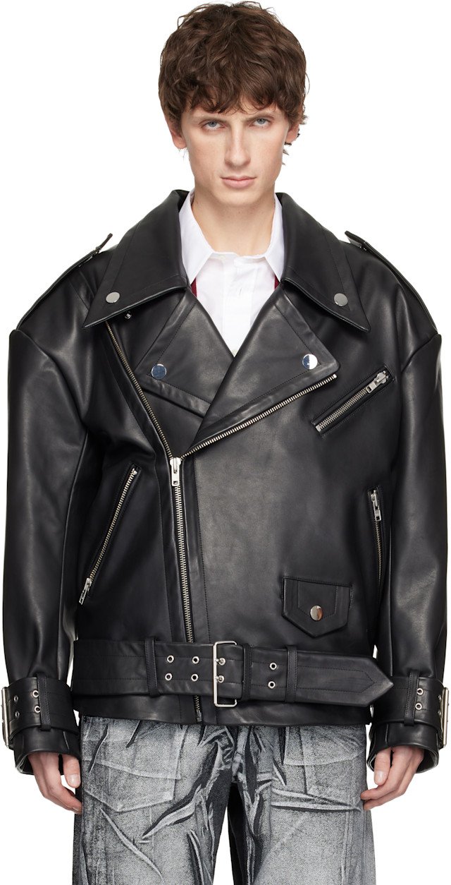 VAQUERA: Black Oversized Moto Leather Jacket | SSENSE