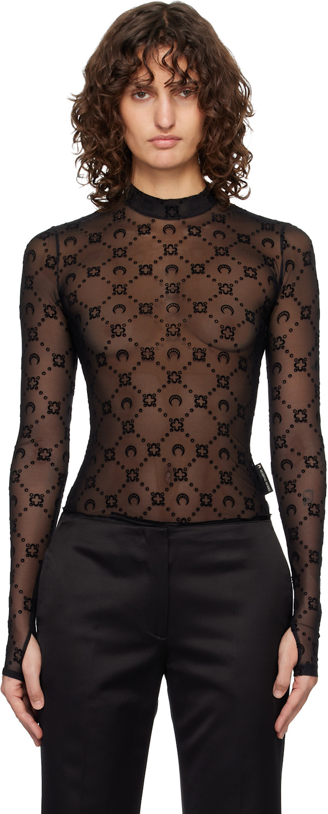 Marine Serre メッシュトップ ブラック Marine Serre: Black Moonogram Mesh Flock Second Skin Top | SSENSE