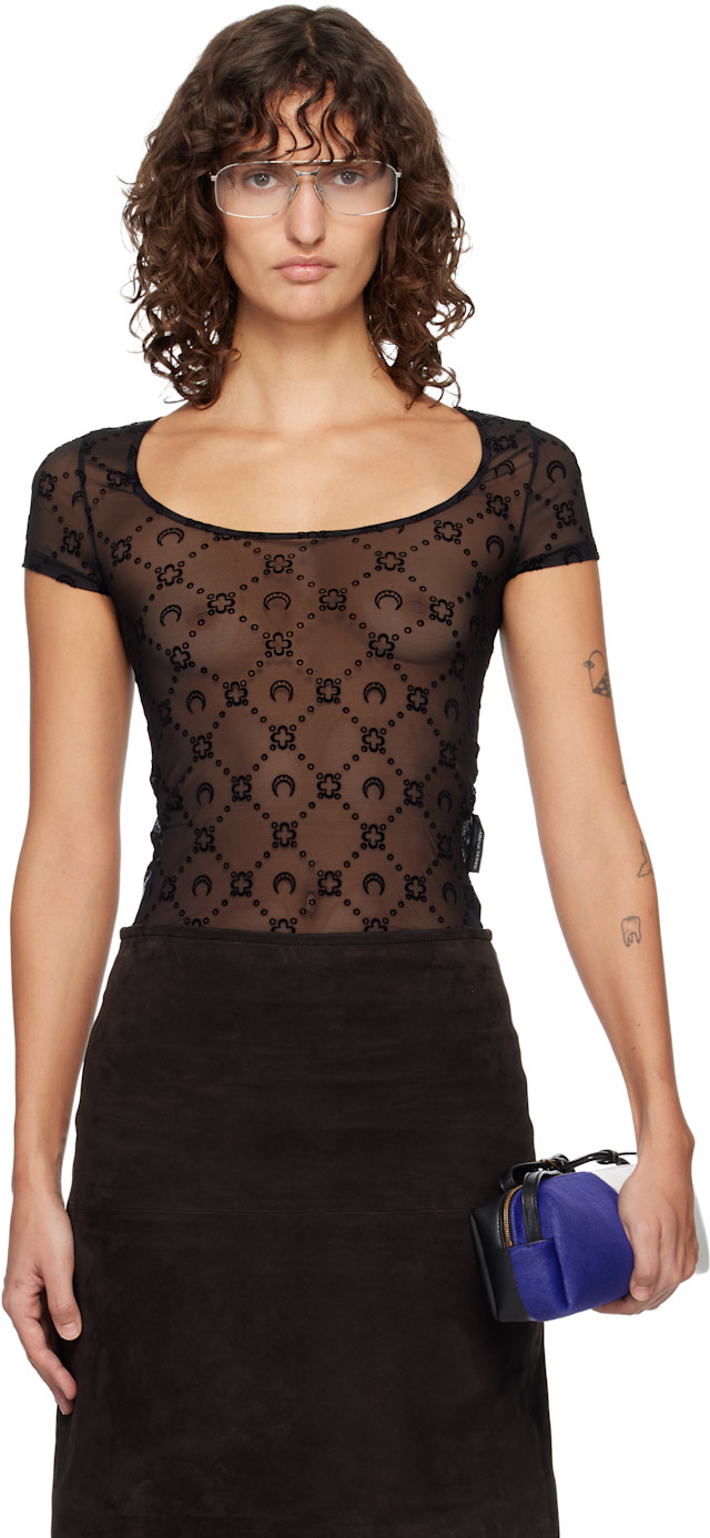 Marine Serre: Black Recycled Mesh Flock Open Neck T-shirt | SSENSE