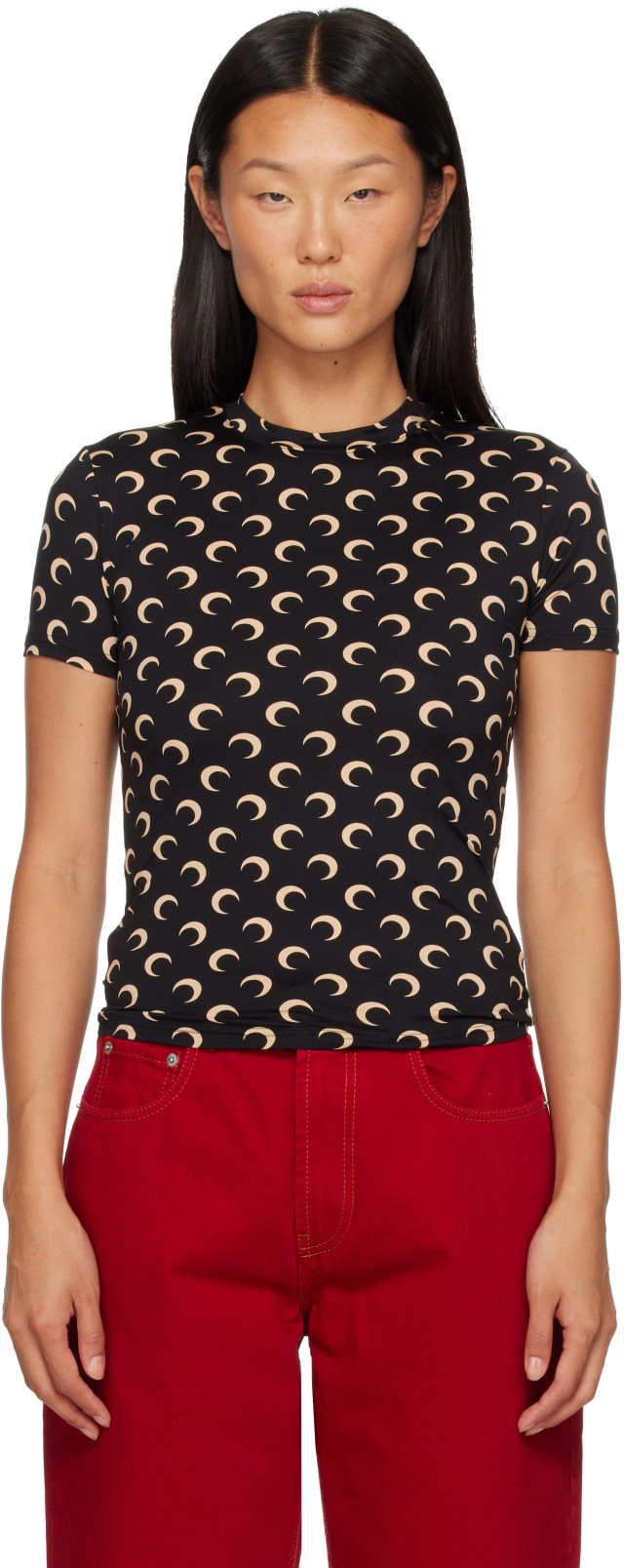 Marine Serre: Black Recycled Moon Jersey Second Skin T-shirt | SSENSE
