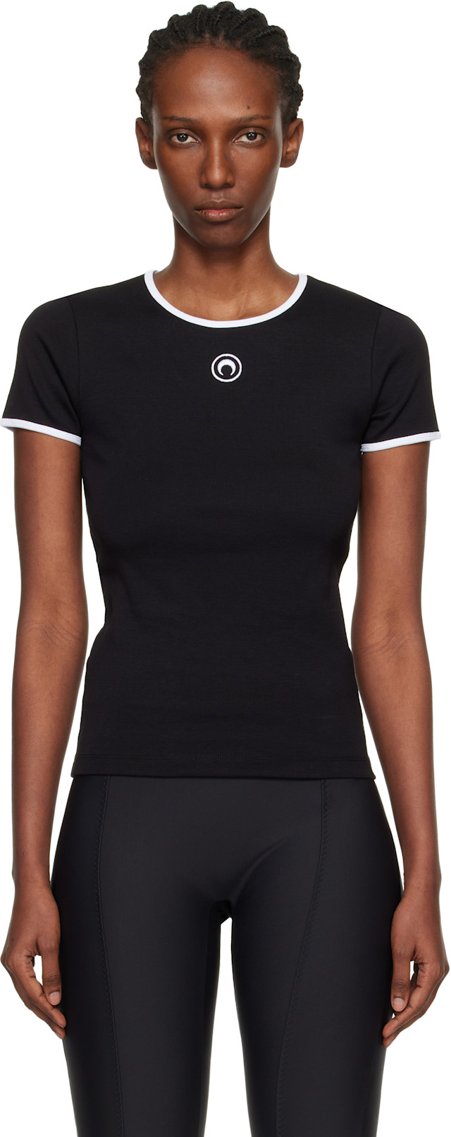 トップス MARINE SERRE MOON LOGO BABY FIT T-SHIRT Marine Serre: Black Moon Logo Bicolor Baby Fit T-shirt | SSENSE Canada
