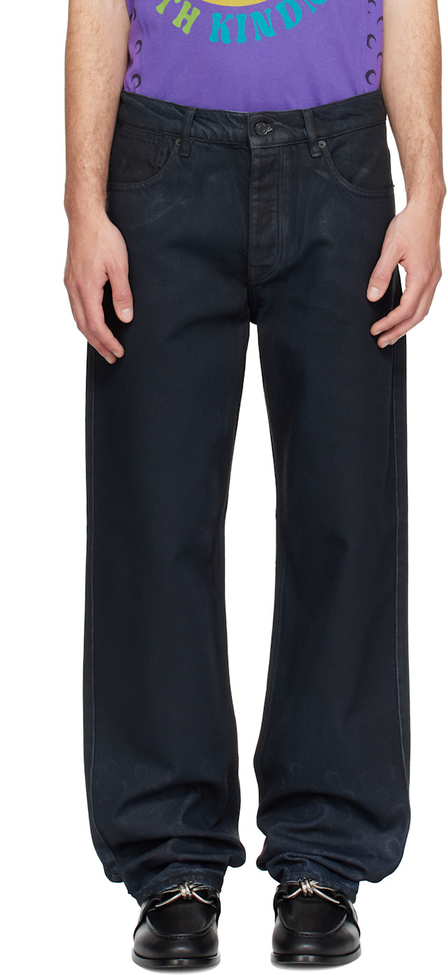 MARINE SERRE ムーン　パンツ Marine Serre: Black Moon Waxed Denim Straight Jeans | SSENSE