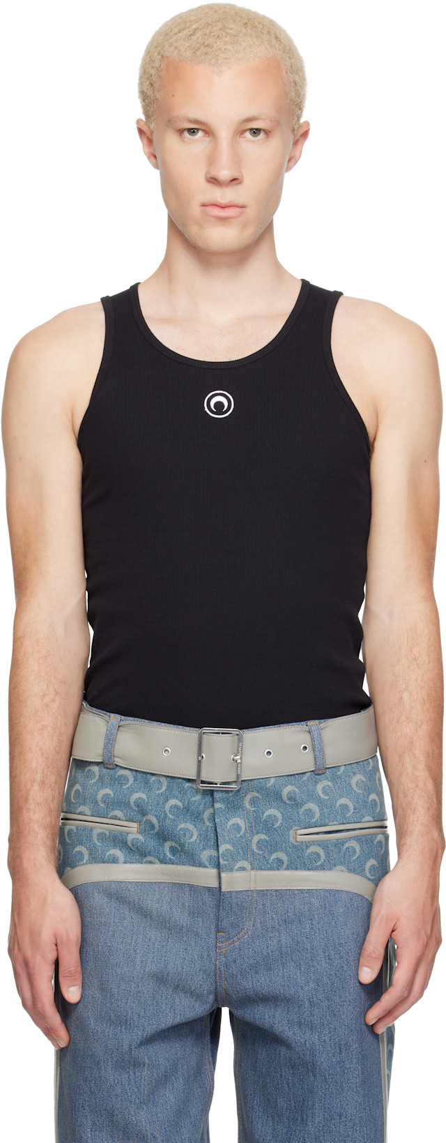 Marine Serre ブラック Moon logo リブタンクトップ Marine Serre: Black Moon Logo Ribbed Jersey Tank Top | SSENSE