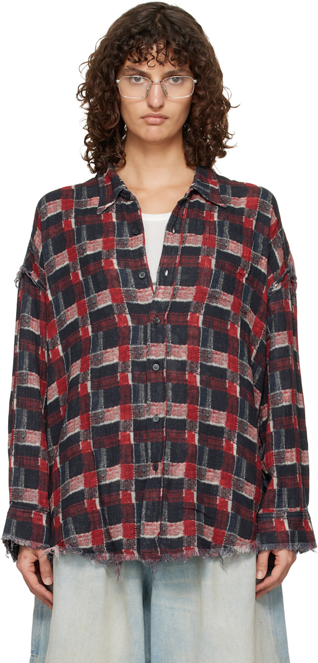 R13: Red & Black Shredded Seam Drop Neck Reversible Shirt | SSENSE