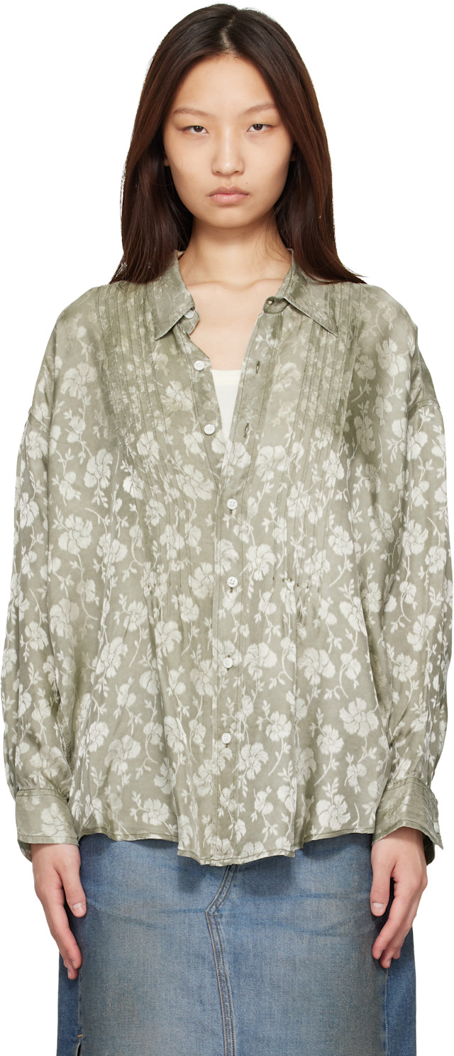 R13: Khaki Pintuck Drop Neck Shirt | SSENSE