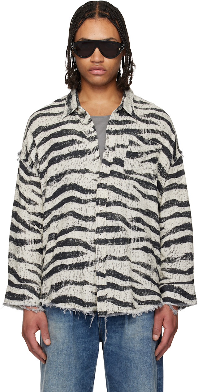 R13/アールサーティーン】3/4 SLEEVE TWISTED FRONT R13: Black & White Shredded Seam Drop Neck Shirt | SSENSE