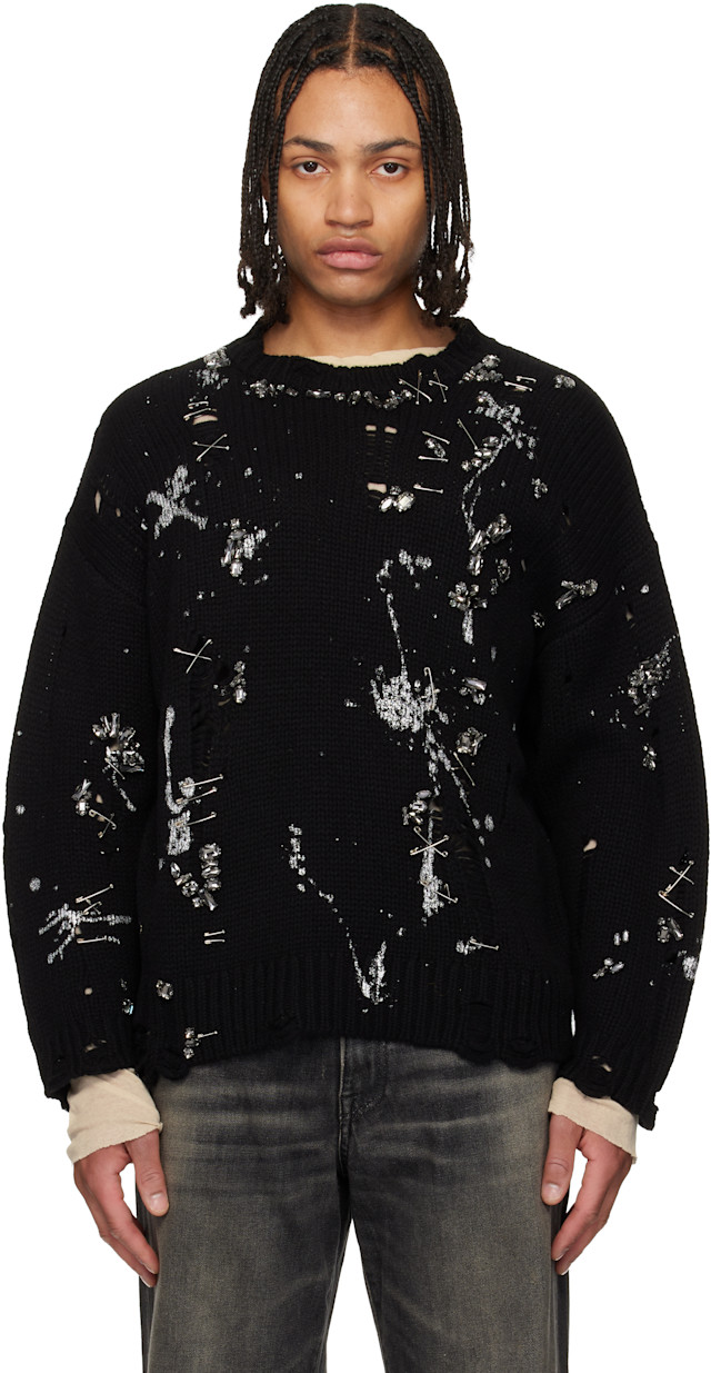 R13 デザインニット R13: Black Distressed Oversized Crystals & Pins Sweater | SSENSE