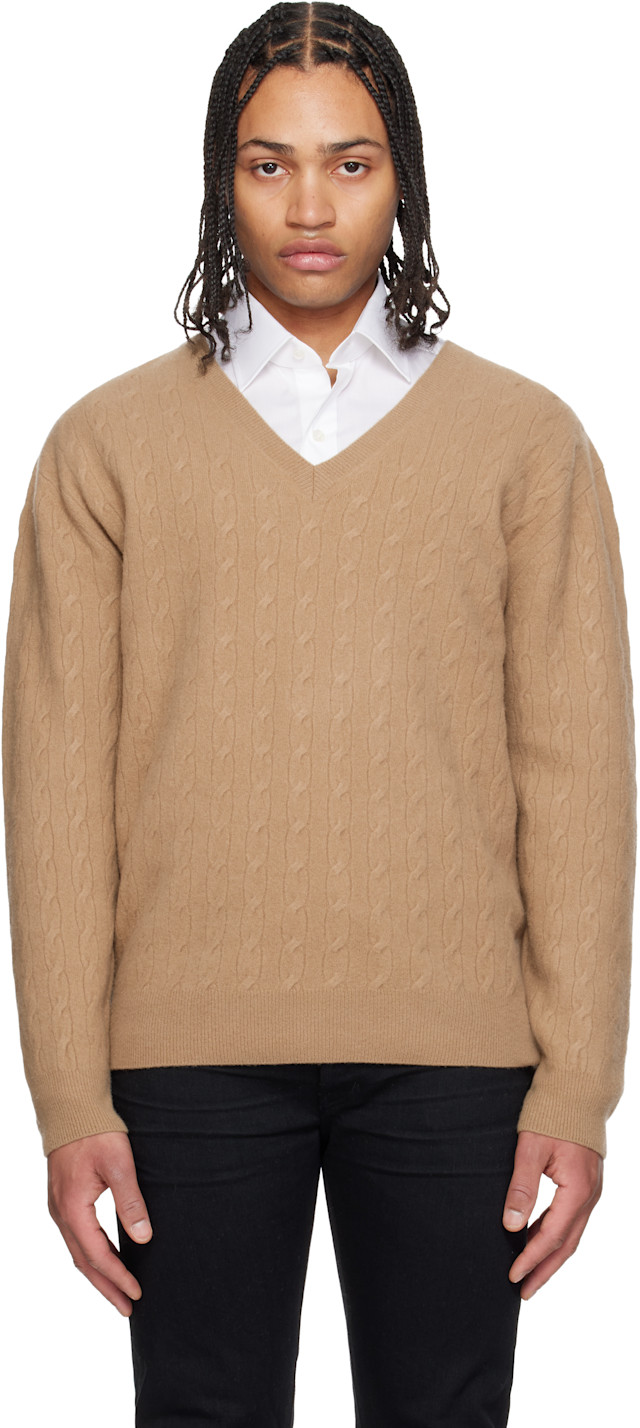 TOM FORD ベージュ Vネックセーター TOM FORD: Tan Cable Lambswool LS V-Neck Sweater | SSENSE Singapore