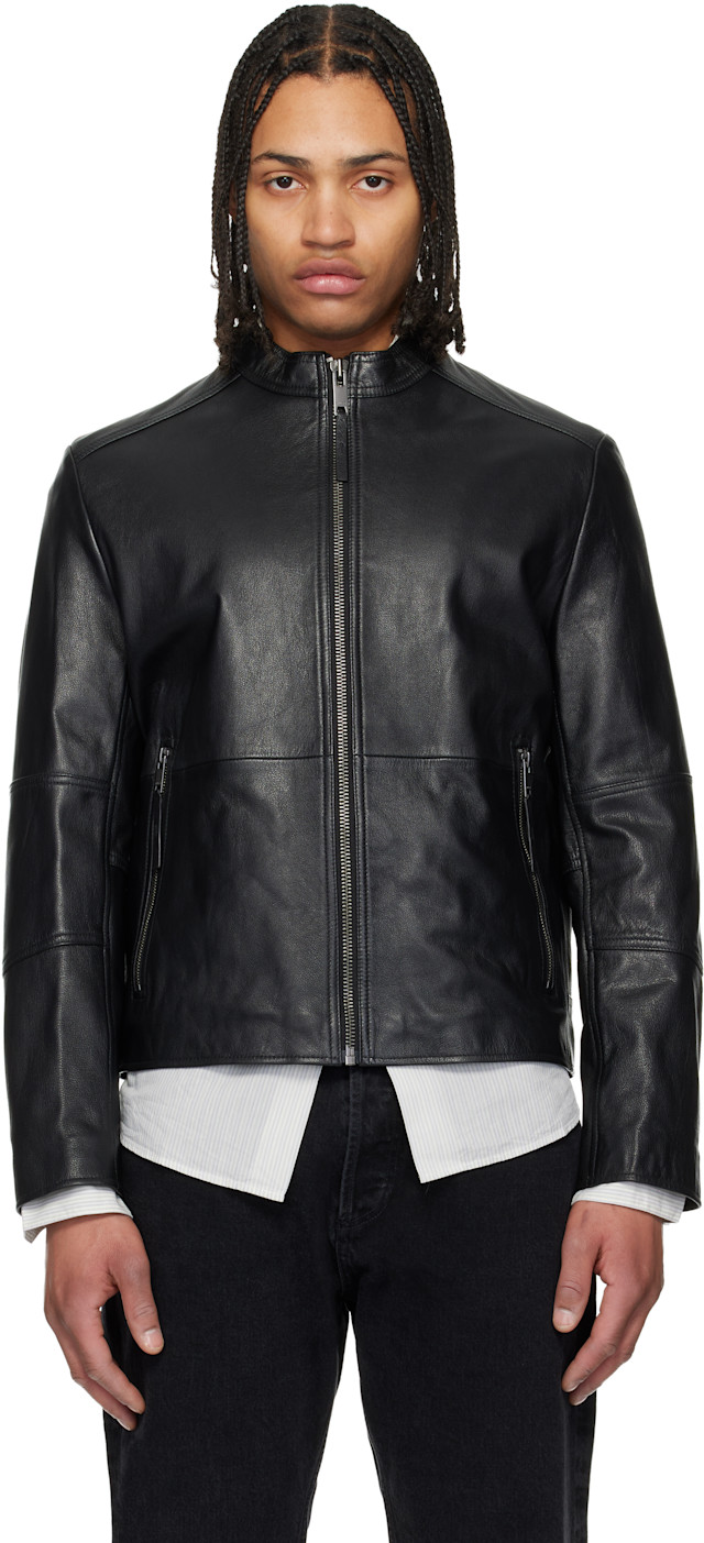 タ*グ様 (HUGO BOSS)スリムフィット ボンバージャケットレザー(定価1 Hugo: ブラック スリムフィット グレインレザー ジャケット | SSENSE 日本