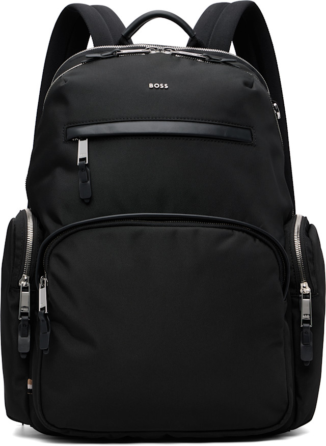 BOSS: Black Leather-Trim Logo Lettering Backpack | SSENSE
