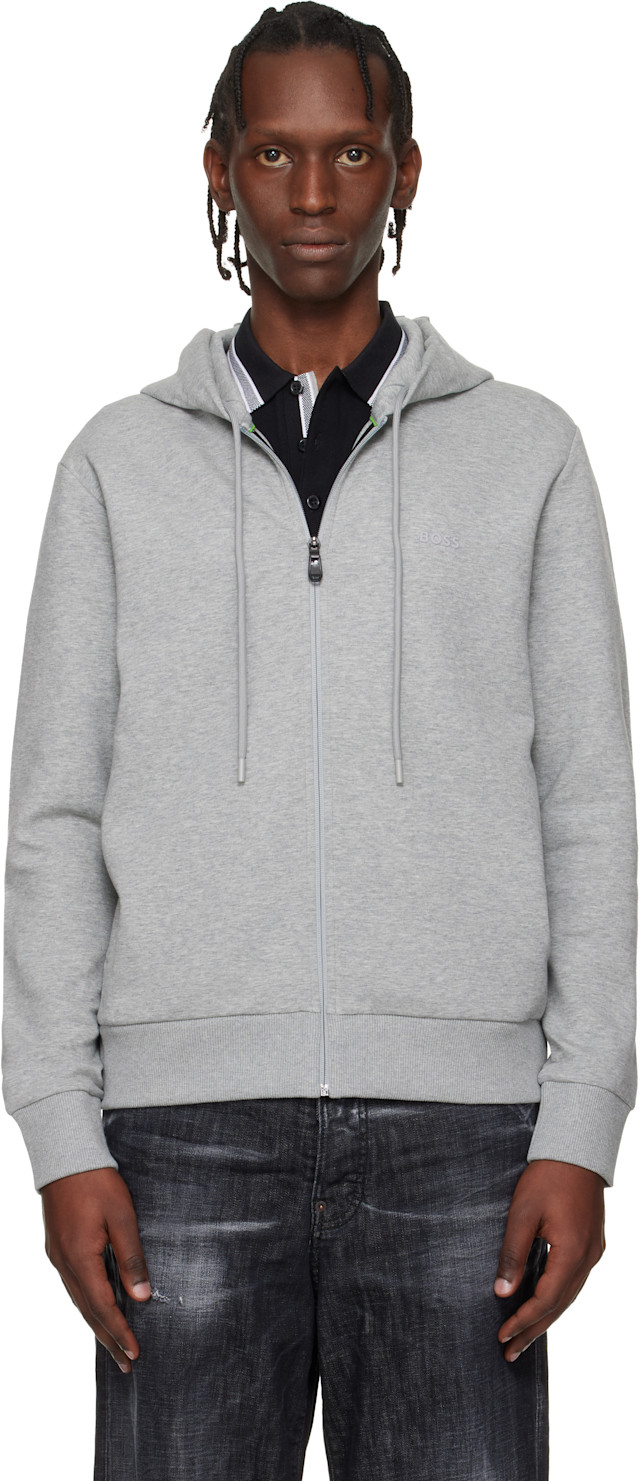 BOSS: Gray Stretch Cotton Logo Detail Zip-Up Hoodie | SSENSE