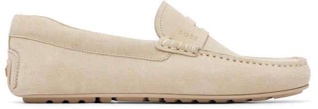 BOSS: Off-White Penny-Trim Suede Loafers | SSENSE display picture 3