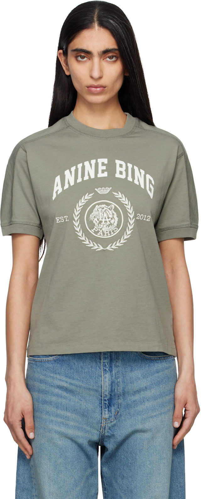 ANINE BING: Khaki Jaylin Collegiate T-shirt | SSENSE