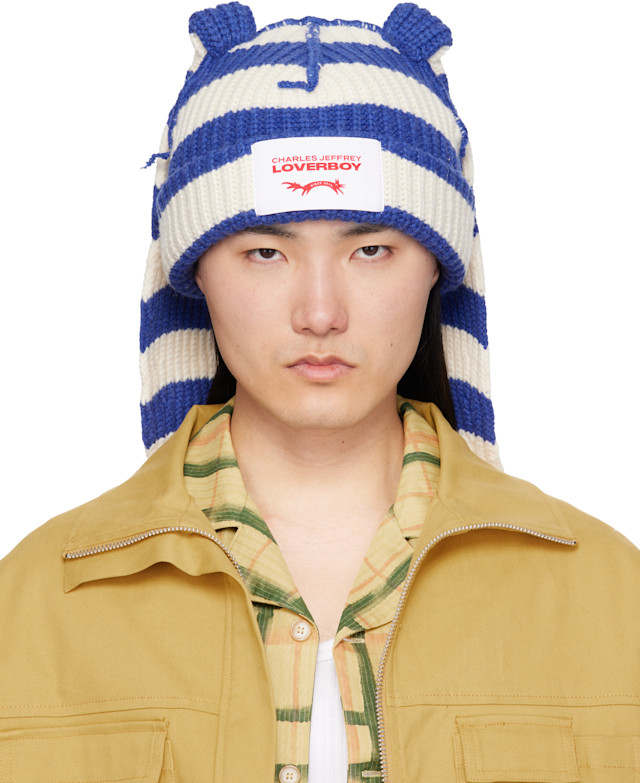 Charles Jeffrey LOVERBOY: Blue & White Chunky Rabbit Beanie | SSENSE