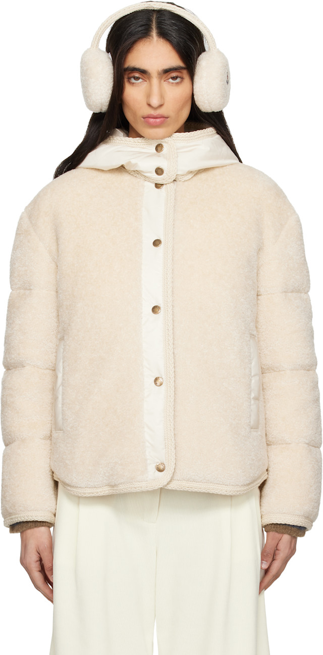 Moncler: Beige Ciboulette Braided Trim Teddy Hooded Down Jacket