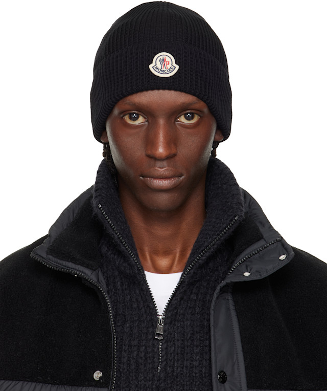 Moncler: Black Logo Cotton Beanie | SSENSE Canada