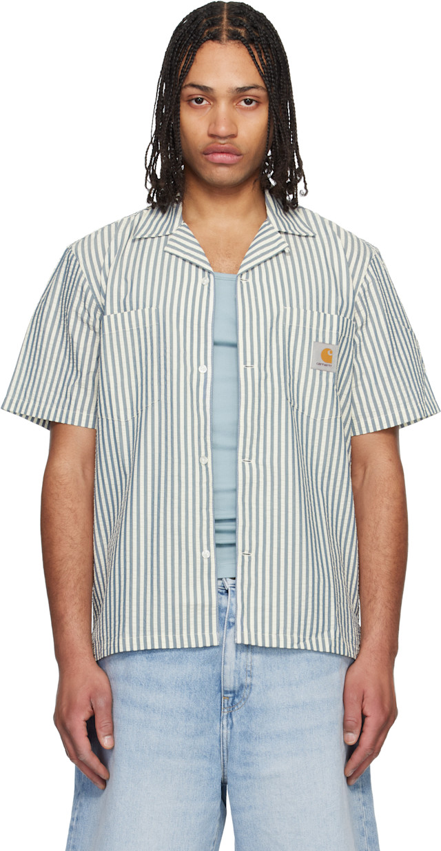 Carhartt WORK IN PROGRESS ストライカー シャツ L Carhartt Work In Progress: ブルー＆ホワイト Leavel ストライプ 半袖
