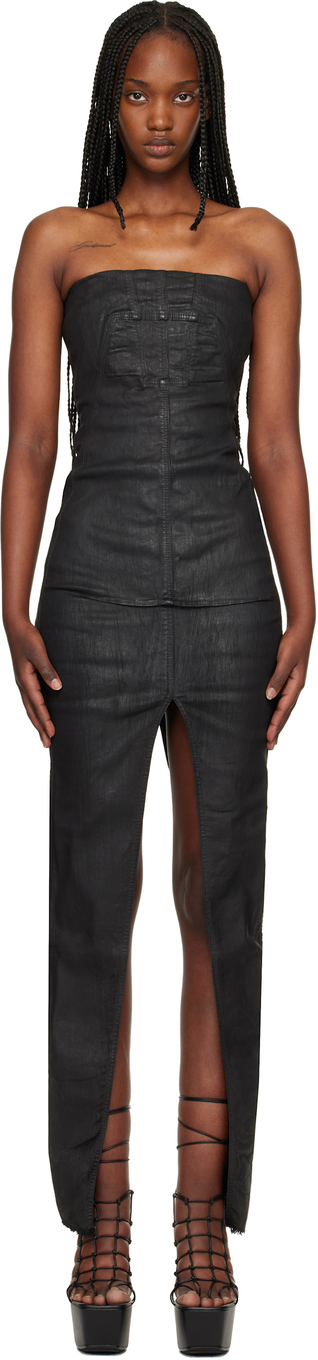 Rick Owens チューブトップワンピース Rick Owens DRKSHDW: ブラック Temple Sliced ビスチェ デニム マキシ
