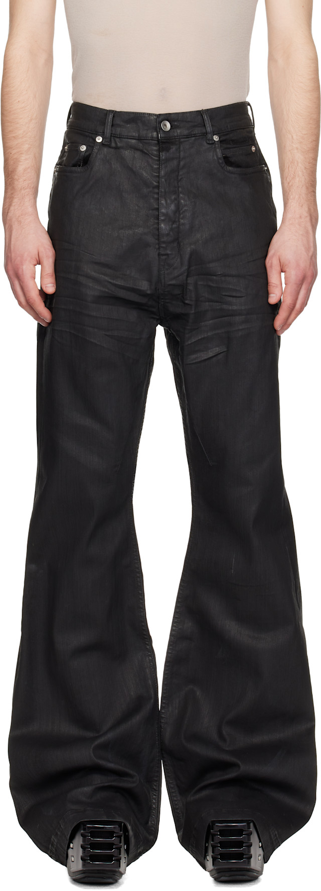 RICK OWENS bolan風 ワックスコーティングフレアデニム Rick Owens DRKSHDW: ブラック Temple Bolan ブーツカット ジーンズ