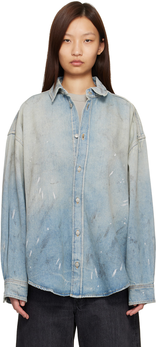 acne studios ペニシリン デニムシャツ Acne Studios: ブルー ペイントスプラッター デニムシャツ | SSENSE 日本
