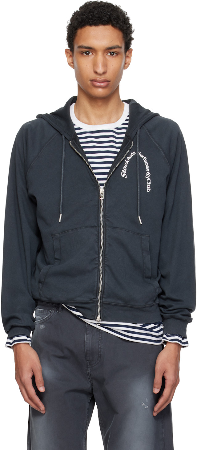 【STOCKHOLM SURFBOARD CLUB】ZIP UP HOODIE Stockholm (Surfboard) Club: Black Logo Zip Hoodie | SSENSE