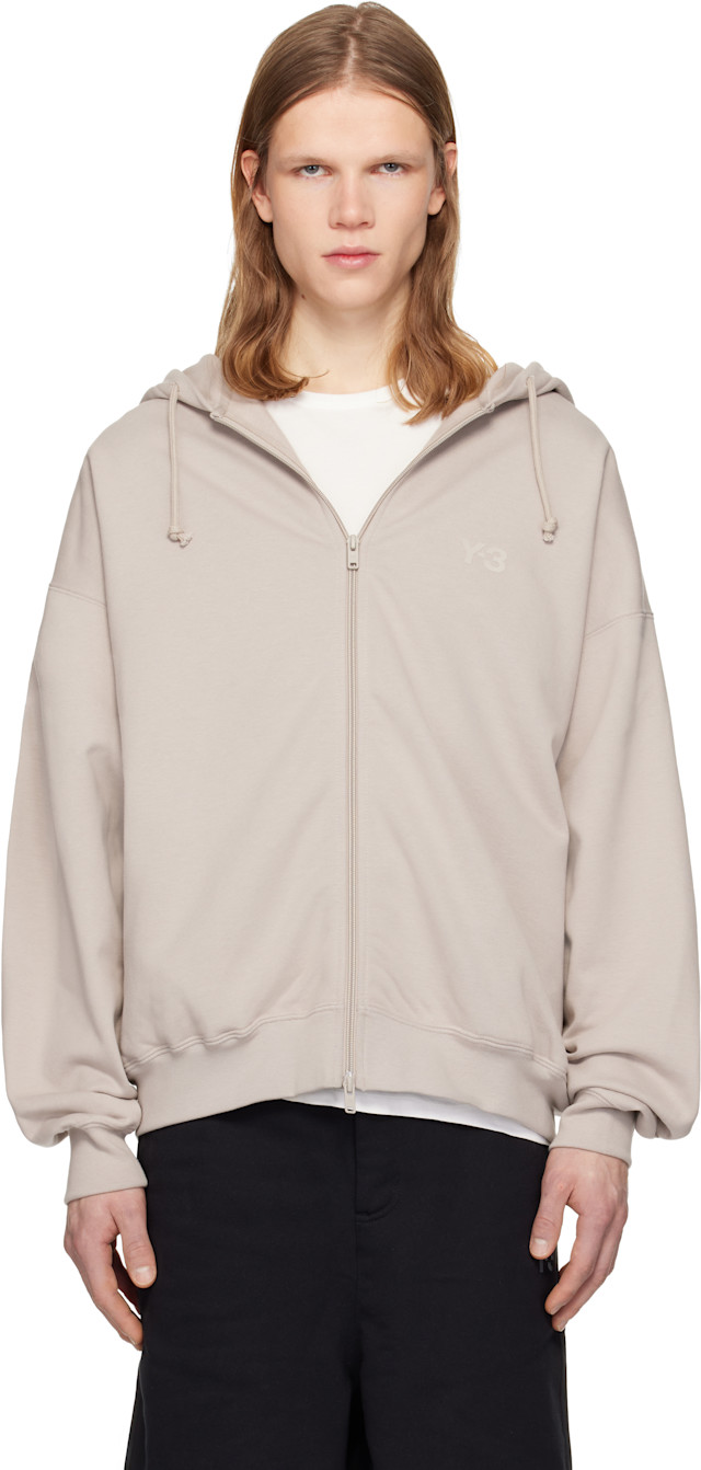 Y-3: Taupe Brushed Terry Zipper Hoodie | SSENSE