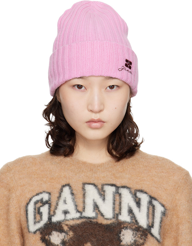 GANNI: Pink Wool Knit Beanie | SSENSE