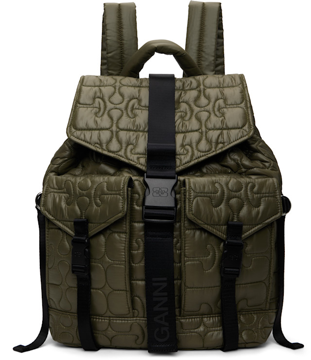 GANNI: Khaki Quilted Re-Tech Backpack | SSENSE display picture 1